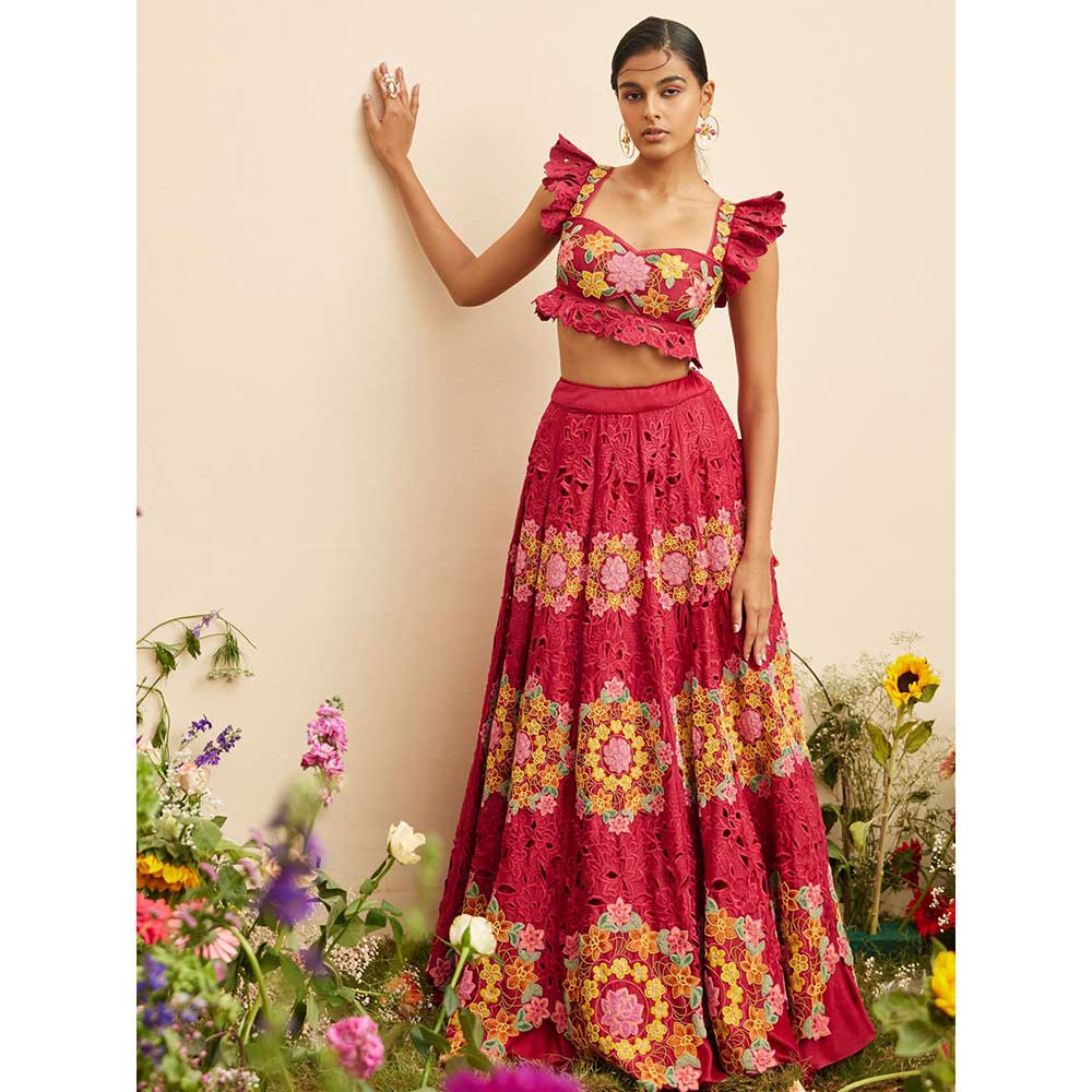 CHANDRIMA Fuchsia Beadwork & Cutwork Crop Top