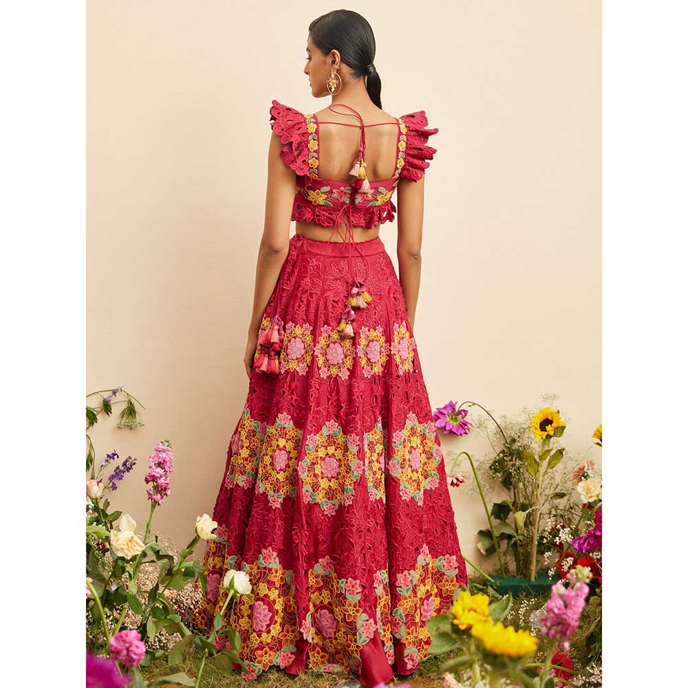 CHANDRIMA Fuchsia Beadwork & Cutwork Crop Top