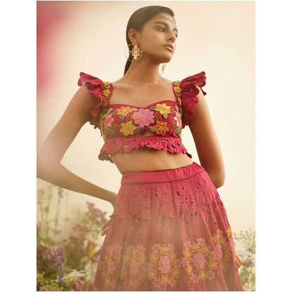 CHANDRIMA Fuchsia Beadwork & Cutwork Crop Top
