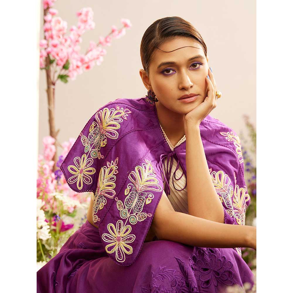 CHANDRIMA Purple Contrast Cordwork Cape