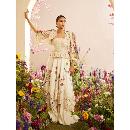 CHANDRIMA Ivory Cutwork Embroidered Layered Lehenga