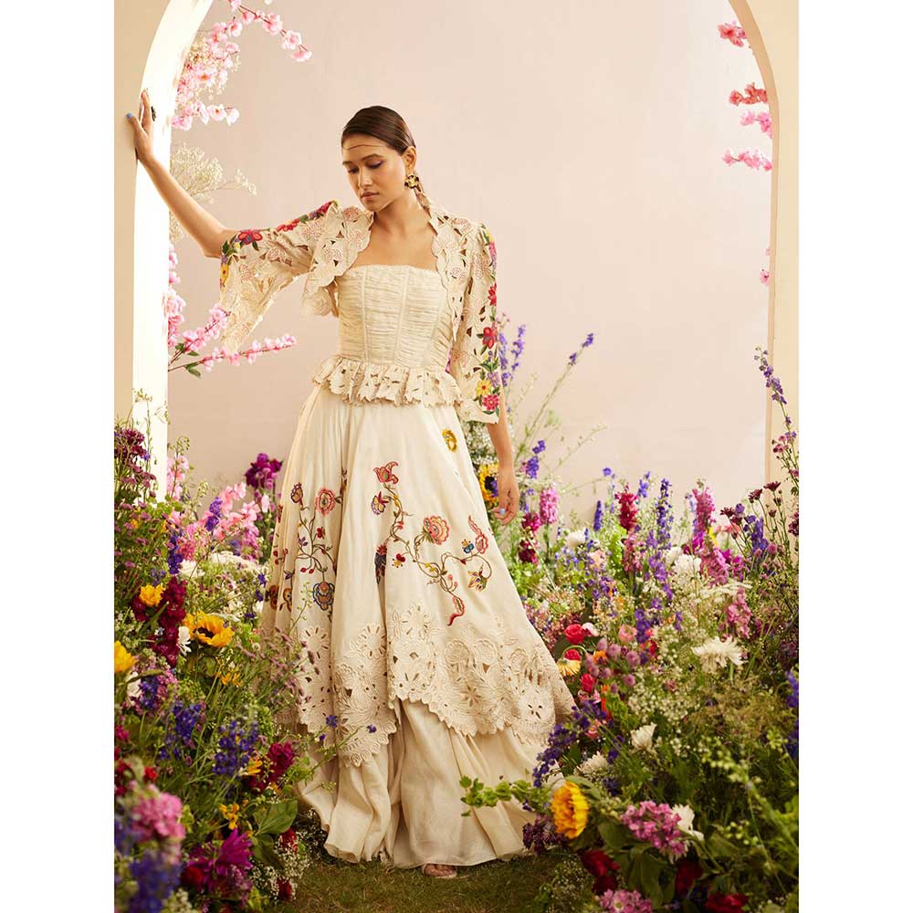 CHANDRIMA Ivory Cutwork Embroidered Layered Lehenga