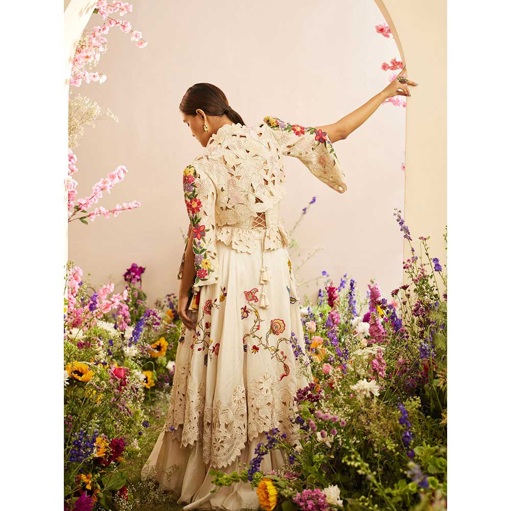 CHANDRIMA Ivory Cutwork Embroidered Layered Lehenga
