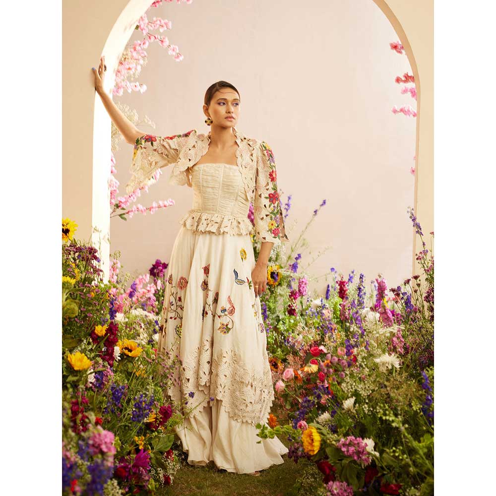 CHANDRIMA Ivory Cutwork & Beadwork Bolero Jacket