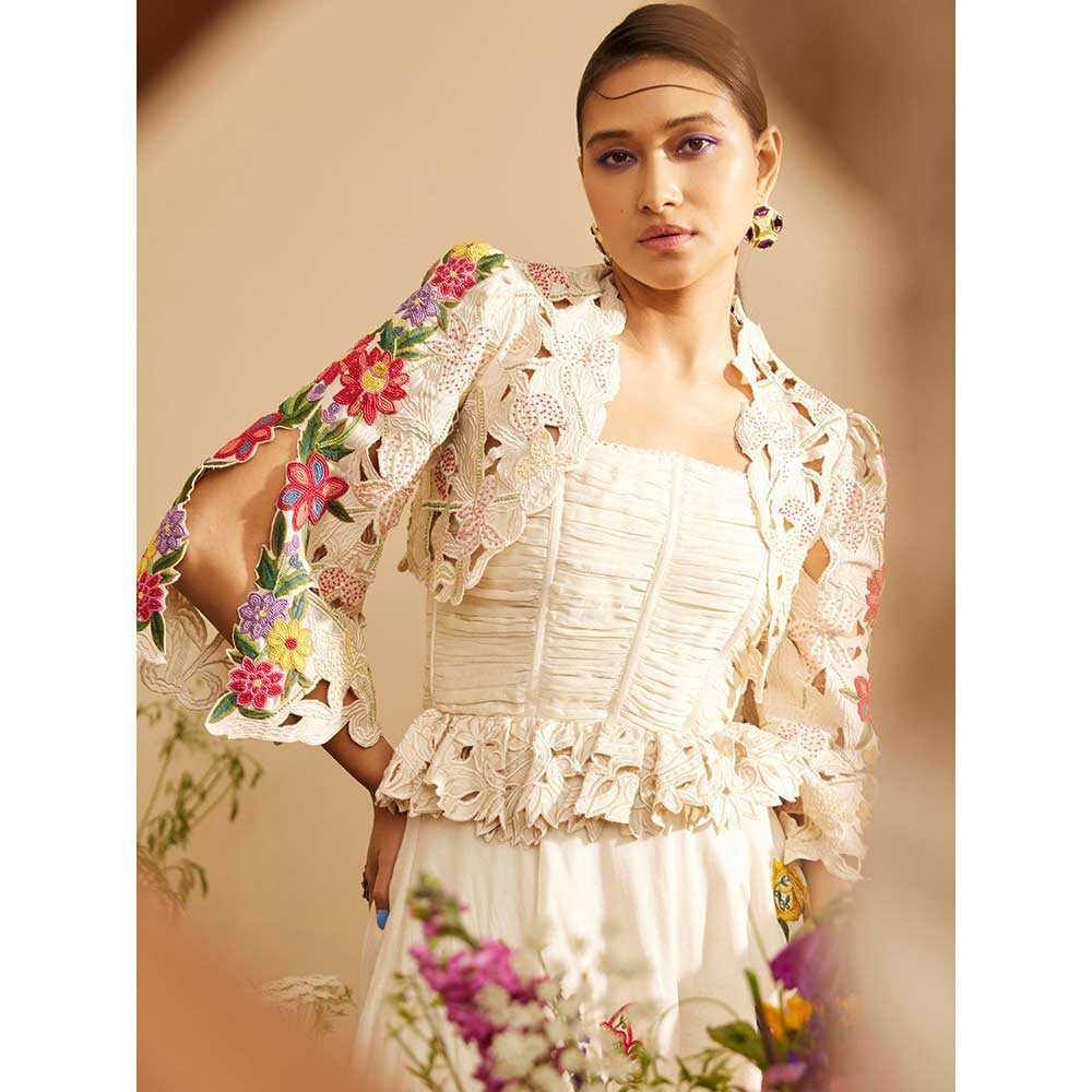 CHANDRIMA Ivory Cutwork & Beadwork Bolero Jacket