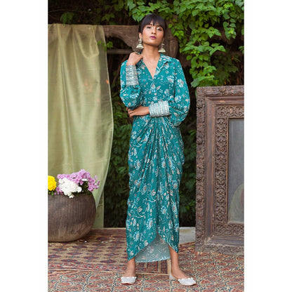 Chhavvi Aggarwal Teal Draped Shirt Dress