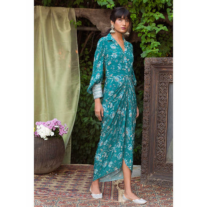 Chhavvi Aggarwal Teal Draped Shirt Dress