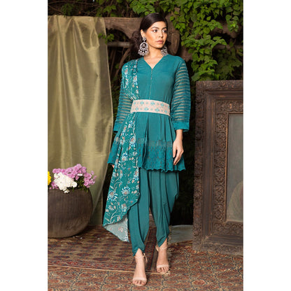 Chhavvi Aggarwal Teal Kurta With Dhoti Pants And Drape (Set of 3)