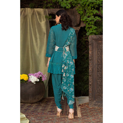 Chhavvi Aggarwal Teal Kurta With Dhoti Pants And Drape (Set of 3)