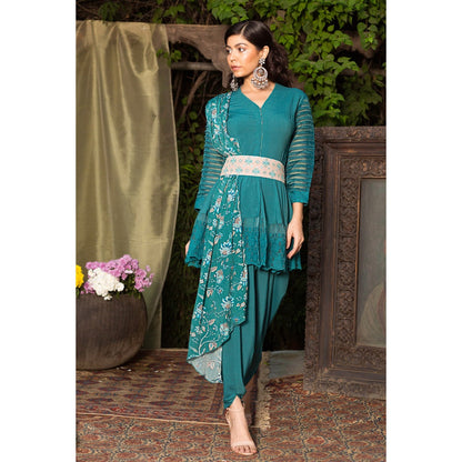 Chhavvi Aggarwal Teal Kurta With Dhoti Pants And Drape (Set of 3)