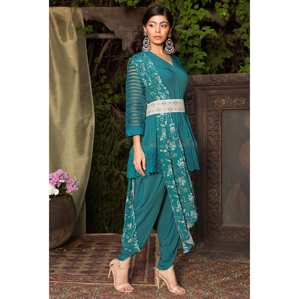 Chhavvi Aggarwal Teal Kurta With Dhoti Pants And Drape (Set of 3)