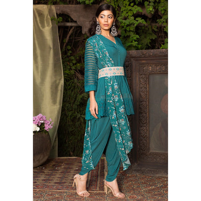 Chhavvi Aggarwal Teal Kurta With Dhoti Pants And Drape (Set of 3)