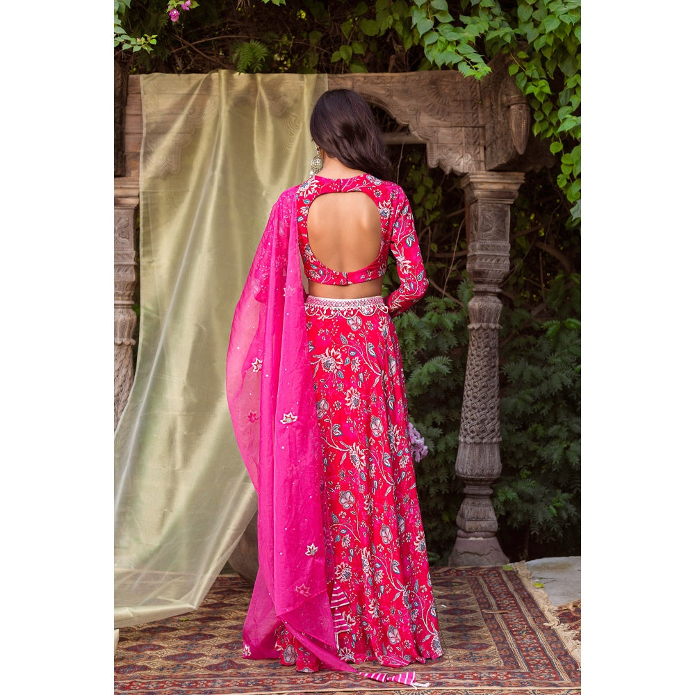 Chhavvi Aggarwal Red And Pink Lehenga (Set of 3)