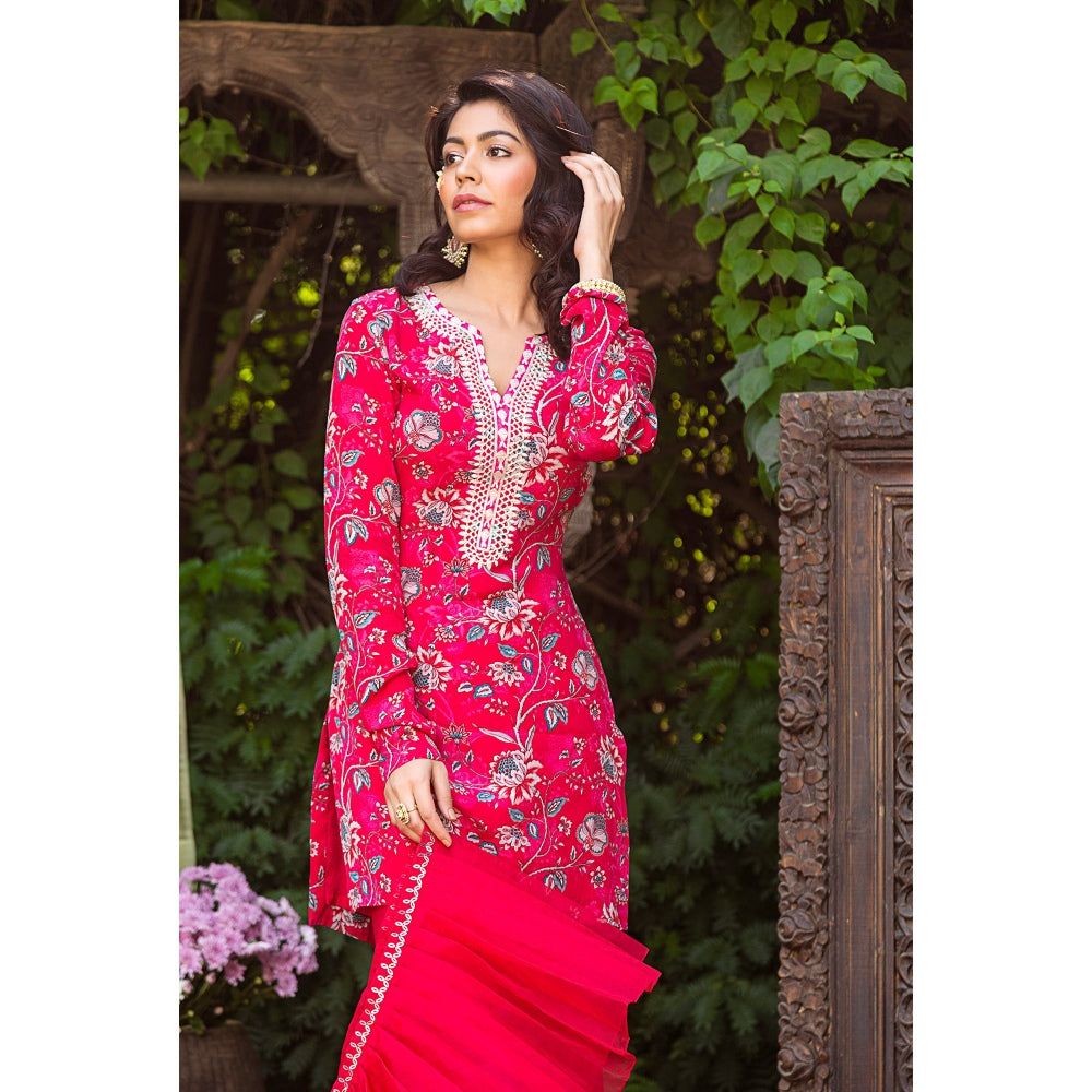 Chhavvi Aggarwal Red Print Kurta With Sharara And Dupatta (Set of 3)