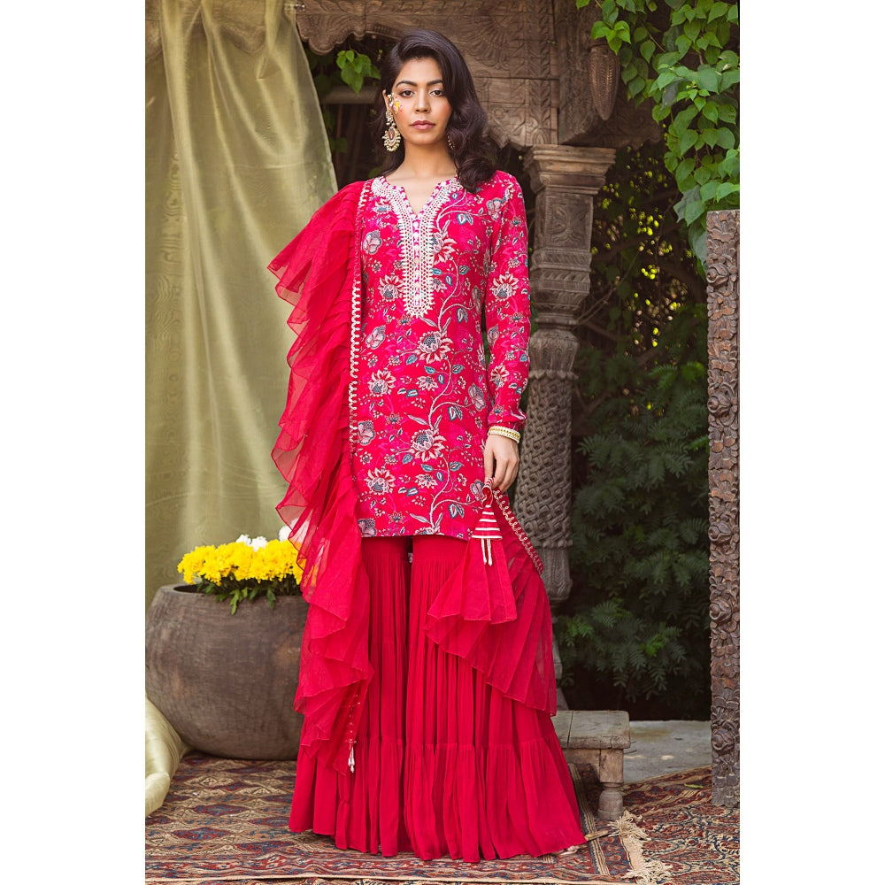 Chhavvi Aggarwal Red Print Kurta With Sharara And Dupatta (Set of 3)