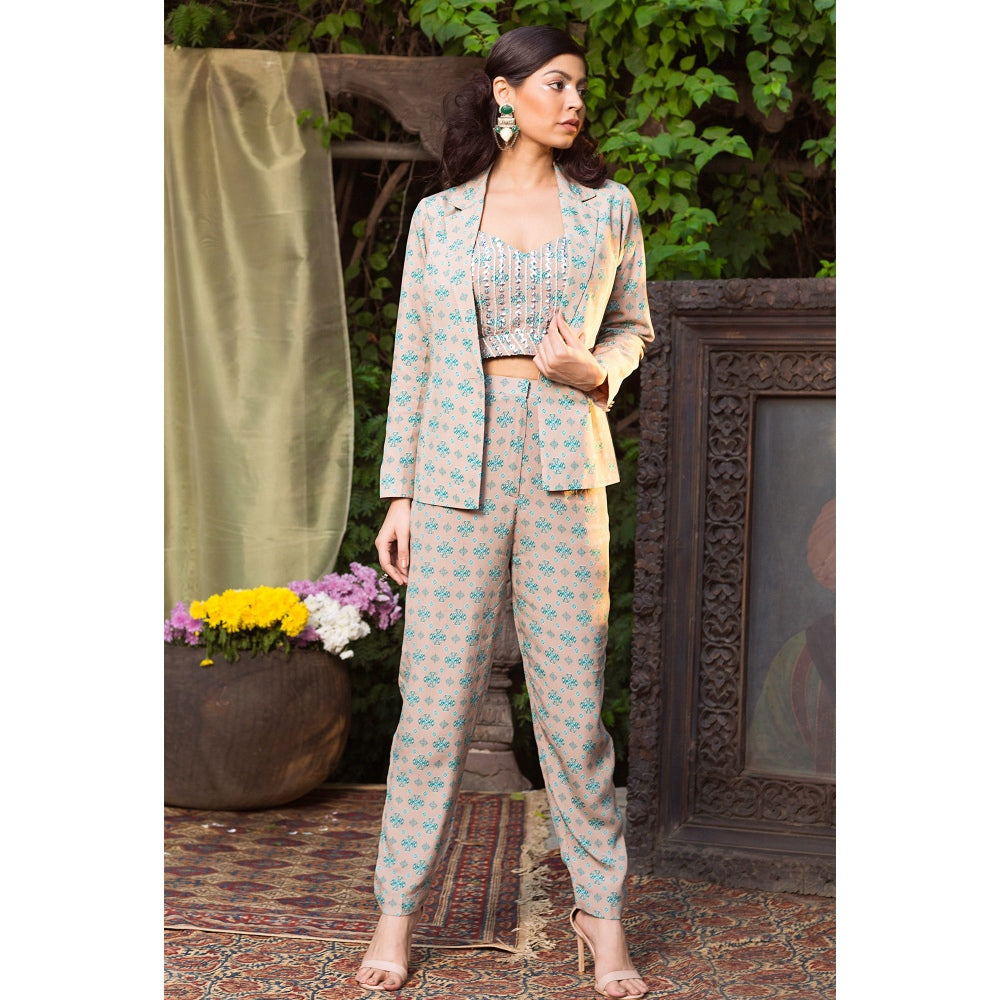 Chhavvi Aggarwal Grey Print Pant Suit (Set of 3)