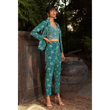 Chhavvi Aggarwal Teal Print Pant Suit (Set of 3)