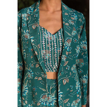 Chhavvi Aggarwal Teal Print Pant Suit (Set of 3)