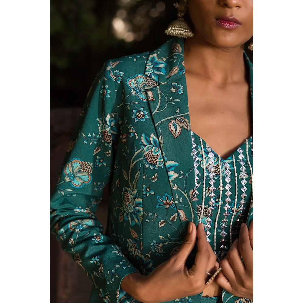 Chhavvi Aggarwal Teal Print Pant Suit (Set of 3)