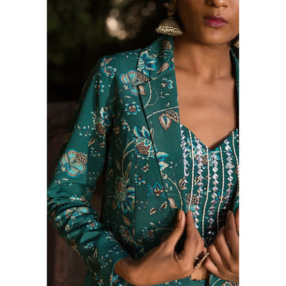 Chhavvi Aggarwal Teal Print Pant Suit (Set of 3)