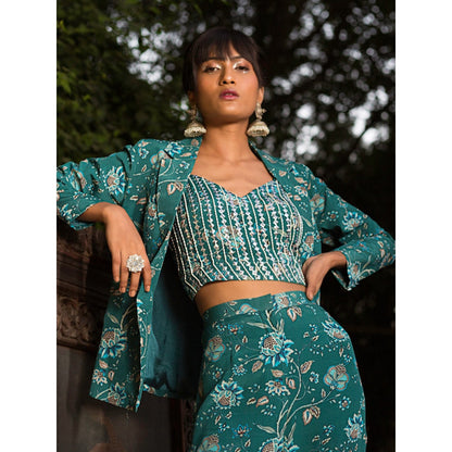Chhavvi Aggarwal Teal Print Pant Suit (Set of 3)
