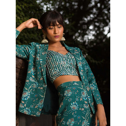 Chhavvi Aggarwal Teal Print Pant Suit (Set of 3)