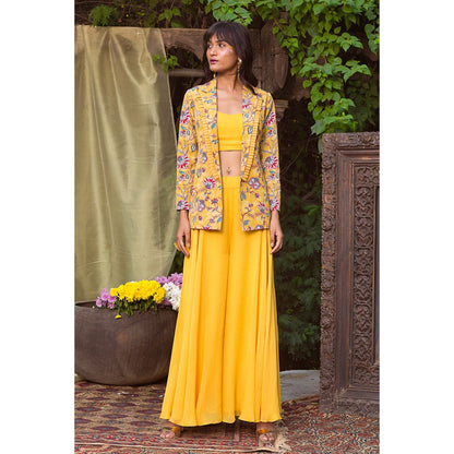 Chhavvi Aggarwal Yellow Blazer With Palazzo And Crop Blouse (Set of 3)