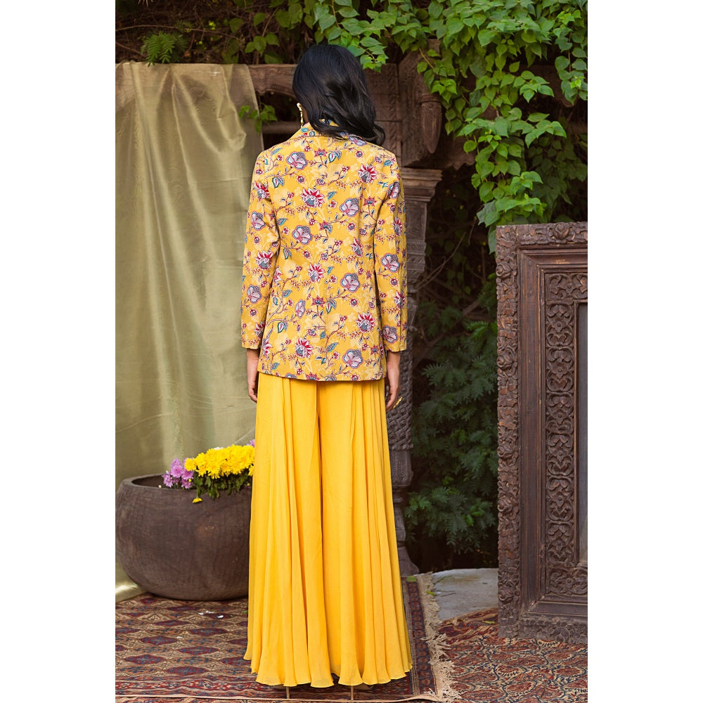 Chhavvi Aggarwal Yellow Blazer With Palazzo And Crop Blouse (Set of 3)