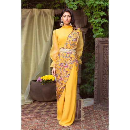 Chhavvi Aggarwal Yellow Print Pant Saree With Blouse & Belt (Set of 3)