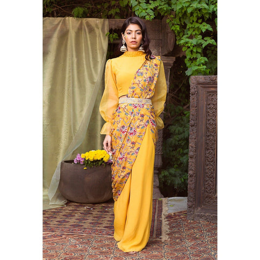 Chhavvi Aggarwal Yellow Print Pant Saree With Blouse & Belt (Set of 3)