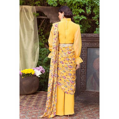 Chhavvi Aggarwal Yellow Print Pant Saree With Blouse & Belt (Set of 3)