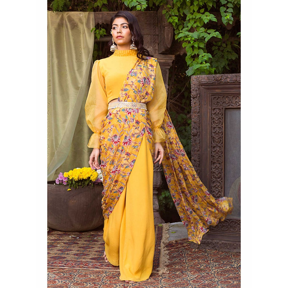 Chhavvi Aggarwal Yellow Print Pant Saree With Blouse & Belt (Set of 3)