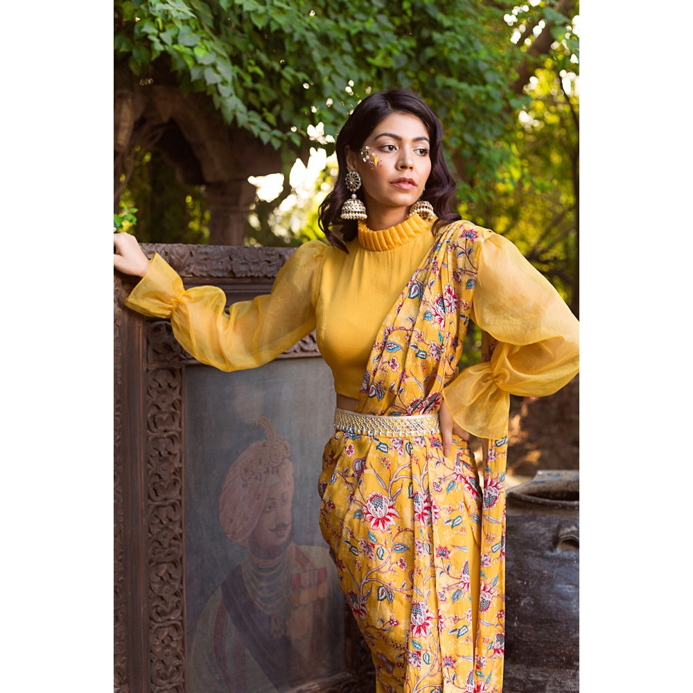Chhavvi Aggarwal Yellow Print Pant Saree With Blouse & Belt