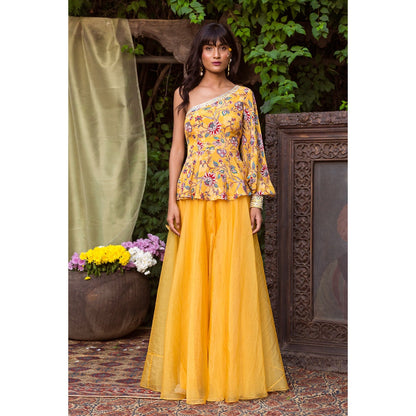 Chhavvi Aggarwal Yellow Organza Top With Pants (Set of 2)