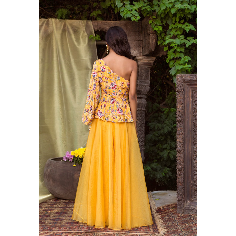 Chhavvi Aggarwal Yellow Organza Top With Pants (Set of 2)