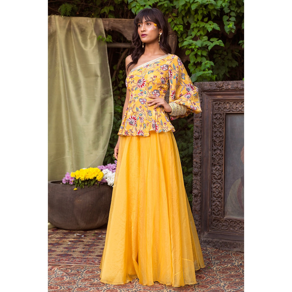 Chhavvi Aggarwal Yellow Organza Top With Pants (Set of 2)