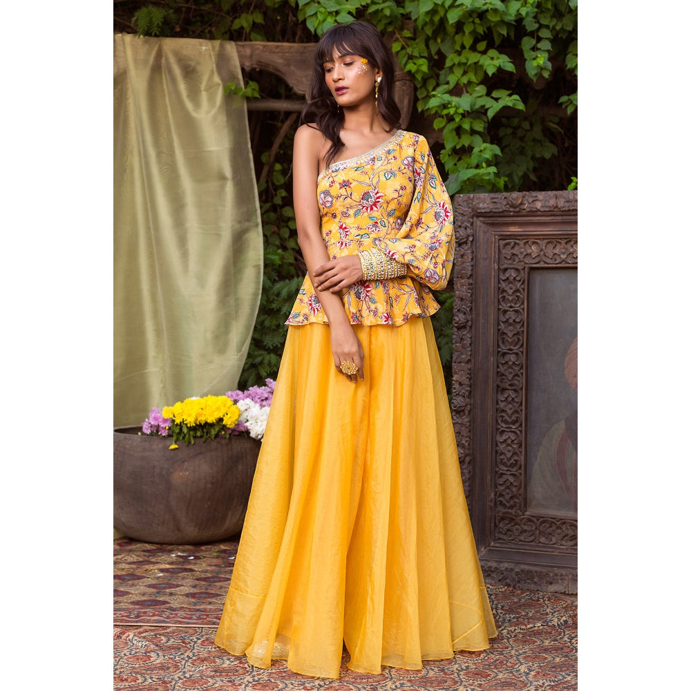Chhavvi Aggarwal Yellow Organza Top With Pants (Set of 2)