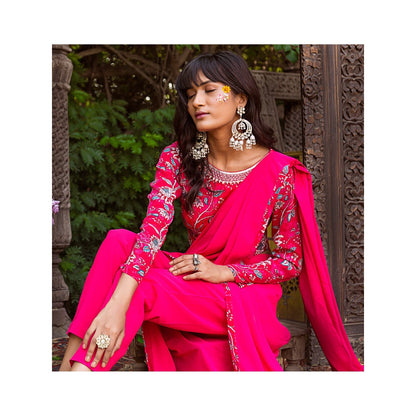 Chhavvi Aggarwal Red Pant Saree With Blouse (Set of 2)