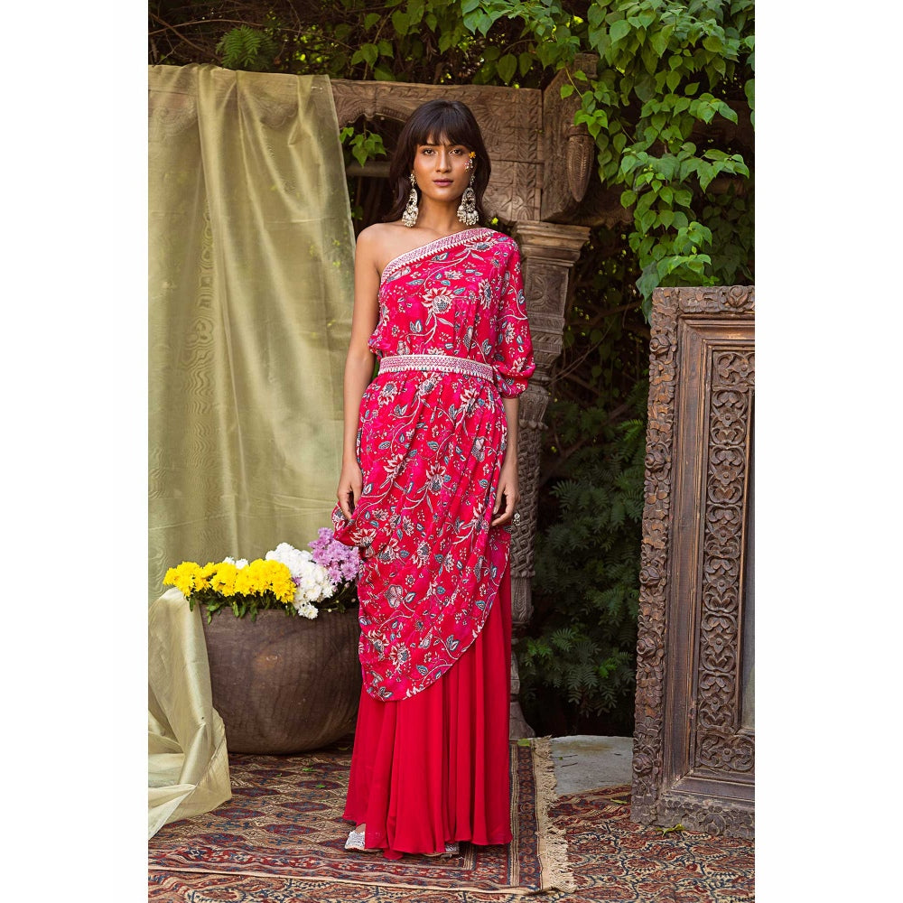 Chhavvi Aggarwal One Shoulder Red Printed Top With Palazzo And Belt (Set of 3)