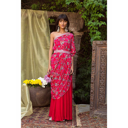 Chhavvi Aggarwal One Shoulder Red Printed Top With Palazzo And Belt (Set of 3)