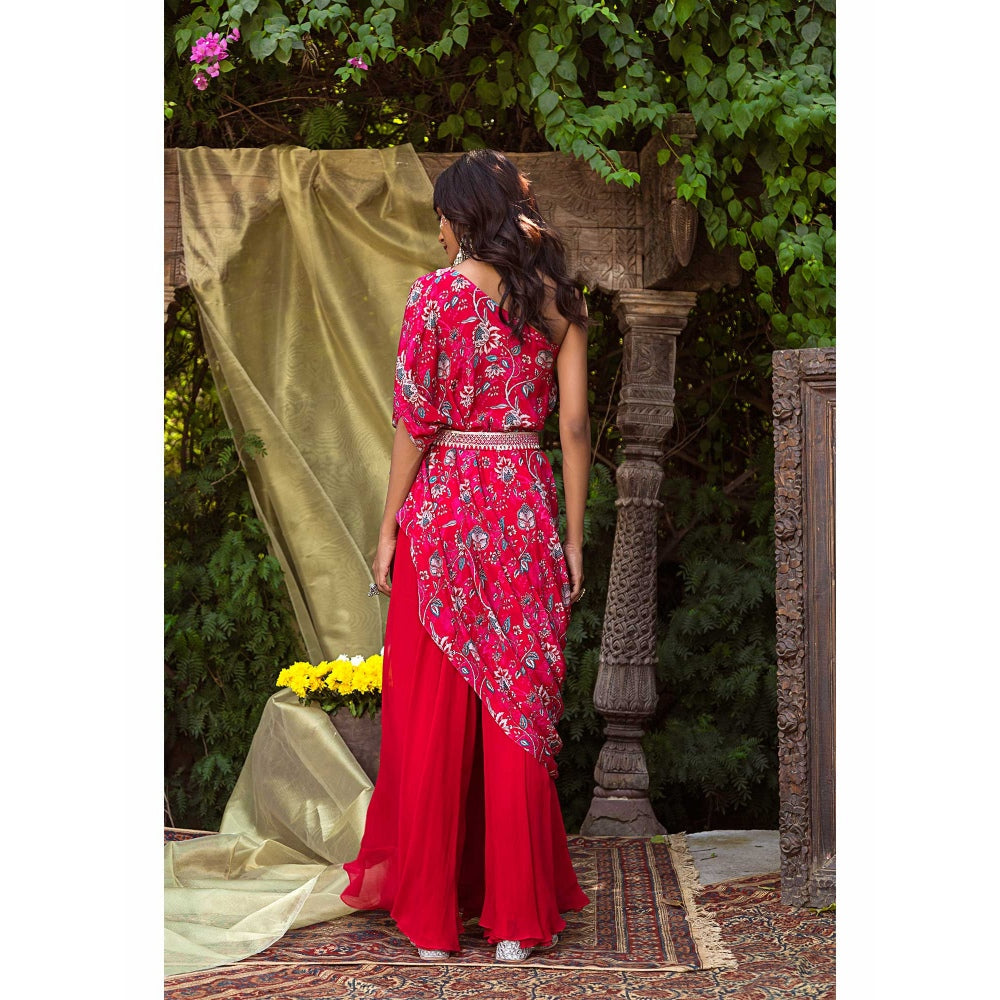 Chhavvi Aggarwal One Shoulder Red Printed Top With Palazzo And Belt