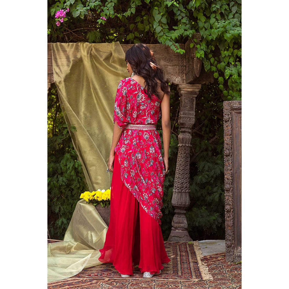 Chhavvi Aggarwal One Shoulder Red Printed Top With Palazzo And Belt (Set of 3)