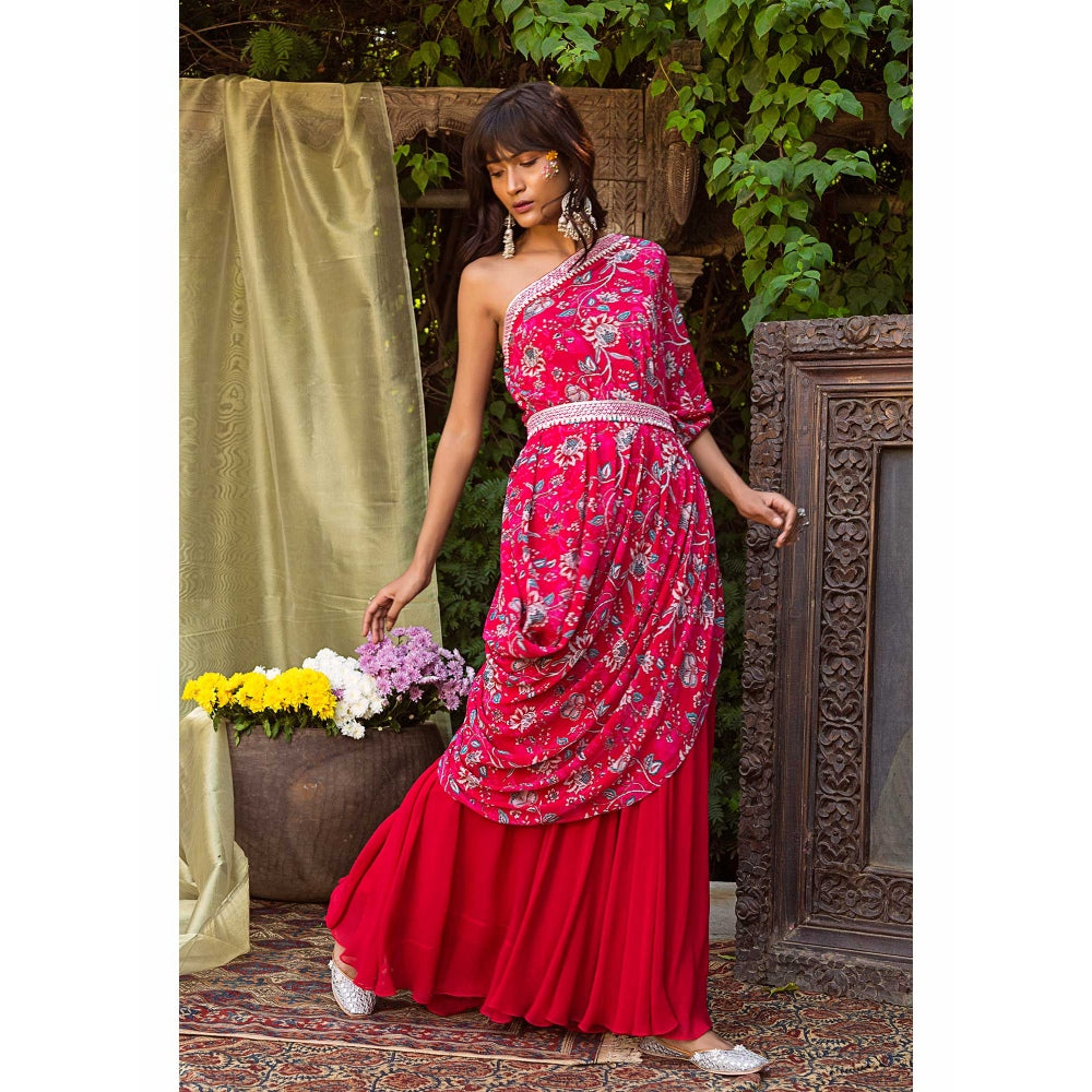 Chhavvi Aggarwal One Shoulder Red Printed Top With Palazzo And Belt (Set of 3)