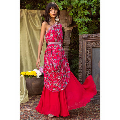 Chhavvi Aggarwal One Shoulder Red Printed Top With Palazzo And Belt (Set of 3)
