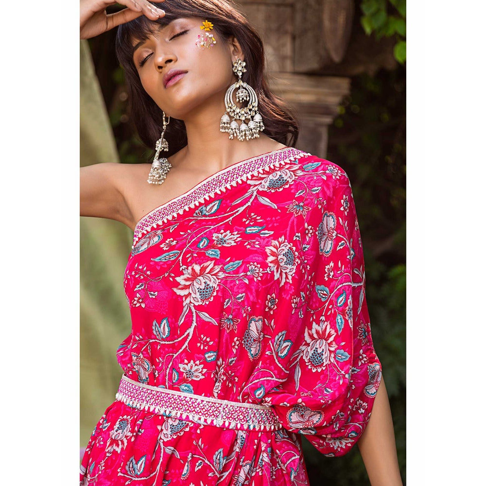 Chhavvi Aggarwal One Shoulder Red Printed Top With Palazzo And Belt