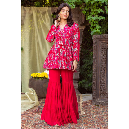 Chhavvi Aggarwal Red Print Tunic With Sharara (Set of 2)