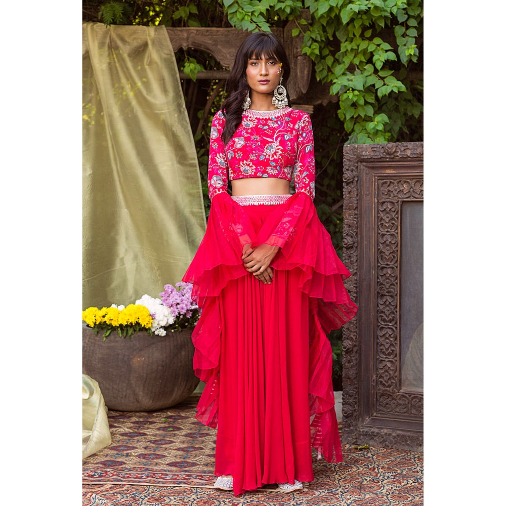 Chhavvi Aggarwal Red Printed Blouse With Palazzo And Dupatta (Set of 3)