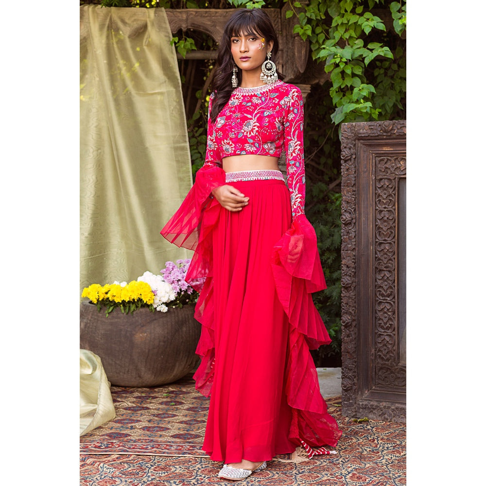 Chhavvi Aggarwal Red Printed Blouse With Palazzo And Dupatta (Set of 3)