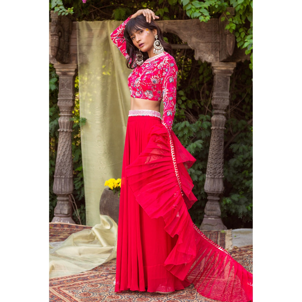 Chhavvi Aggarwal Red Printed Blouse With Palazzo And Dupatta (Set of 3)