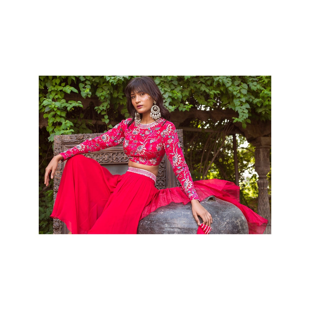 Chhavvi Aggarwal Red Printed Blouse With Palazzo And Dupatta (Set of 3)